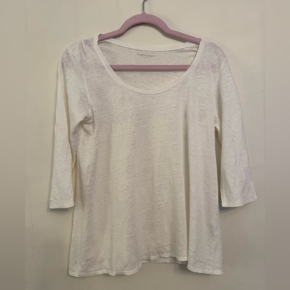 Eileen Fisher 100% Linen White Scoop Neck 3/4” Sleeve Tee Size Small